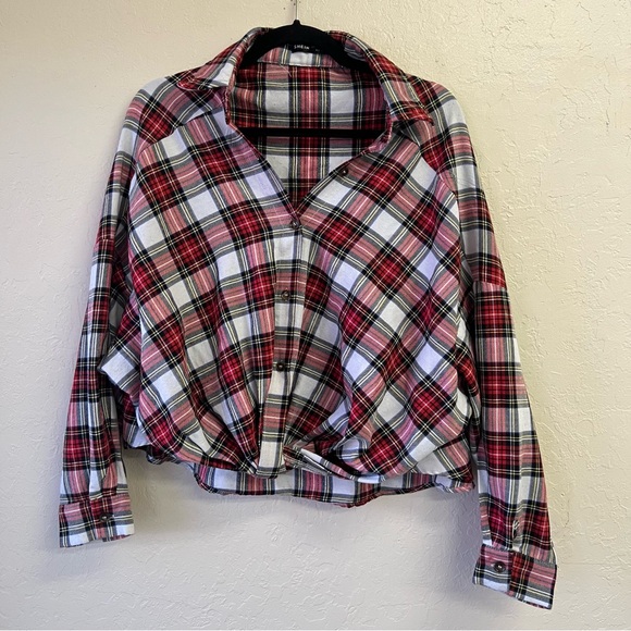 Shein Plaid Drop Shoulder Faux Knot Crop Button. Up Sz L GUC‎ - Picture 1 of 5